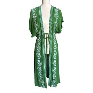 Curations Green Embroidered Kimono Tie Front Boho Duster Cover Up Size Medium
